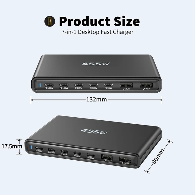 Alt view image 5 of 5 - 455W GaN5 7-Port Slim Design Charging Station + 240W 6.6 ft Data Cable, Compatible with Phones, Tablets, Laptops, Smart Wearables, and Gaming Devices
