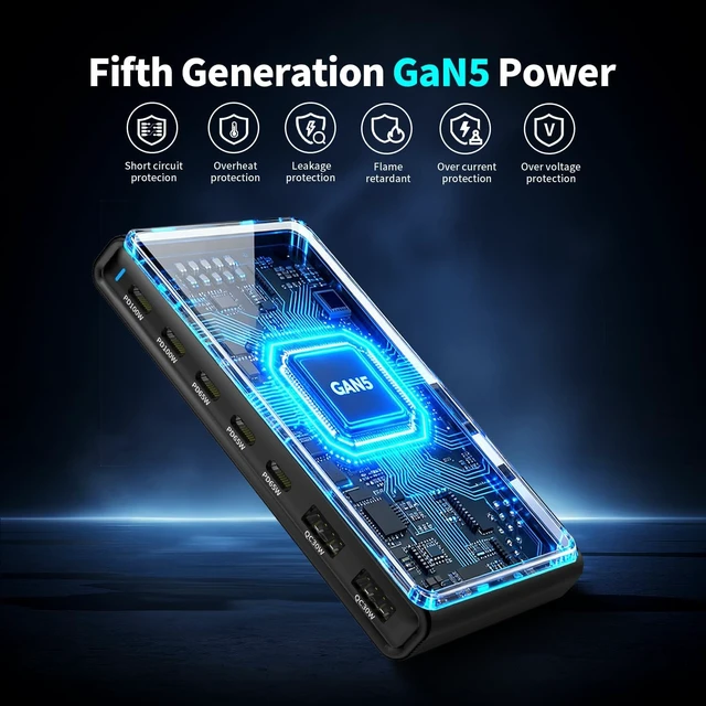 Alt view image 3 of 5 - 455W GaN5 7-Port Slim Design Charging Station + 240W 6.6 ft Data Cable, Compatible with Phones, Tablets, Laptops, Smart Wearables, and Gaming Devices