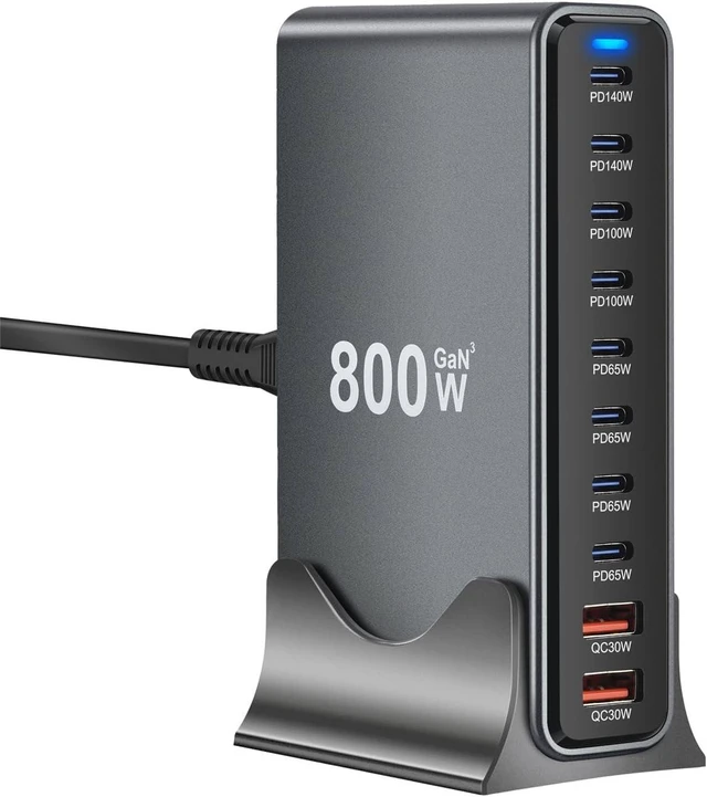 Main image of 800W GaN3 10-Port USB-C Charging Station - Fast Charger for Laptops, Tablets, Smartphones, and More (Black)