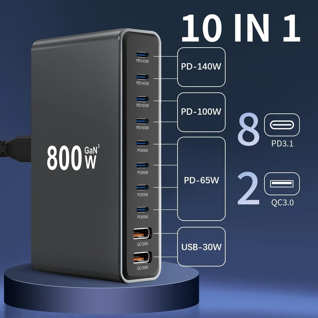 Alt view image 5 of 5 - 800W GaN3 10-Port USB-C Charging Station - Fast Charger for Laptops, Tablets, Smartphones, and More (Black)