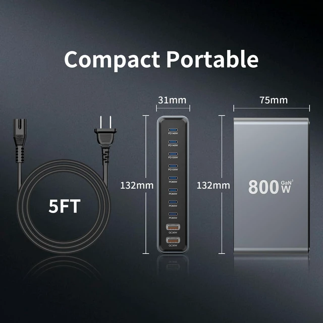 Alt view image 2 of 5 - 800W GaN3 10-Port USB-C Charging Station - Fast Charger for Laptops, Tablets, Smartphones, and More (Black)
