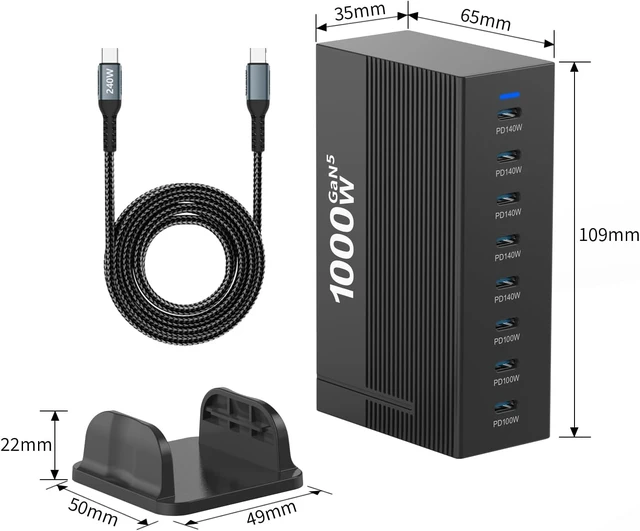 Alt view image 5 of 6 - 1000W 8-Port GaN5 Desktop Charging Station, High-Power USB Charging Hub with 5X 140W and 3X 100W PD Ports, Fast Charger for Laptops, Tablets, and Smartphones