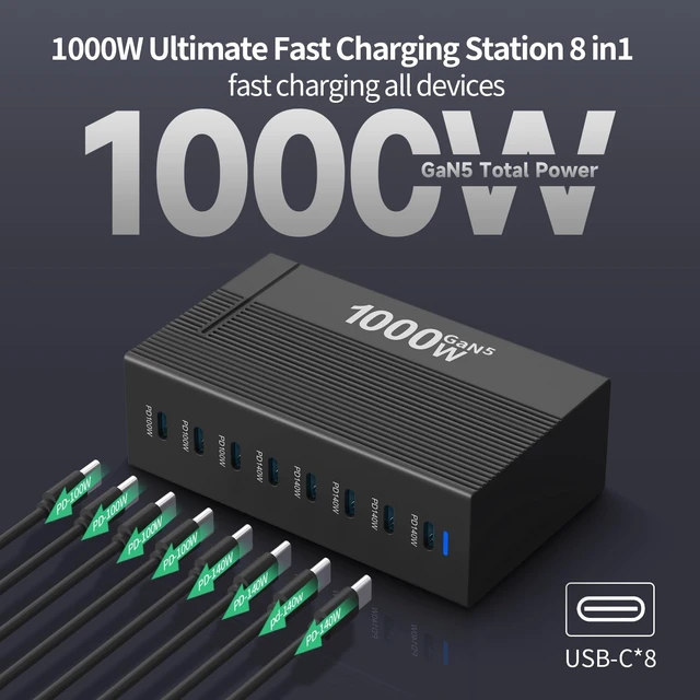 Alt view image 6 of 6 - 1000W 8-Port GaN5 Desktop Charging Station, High-Power USB Charging Hub with 5X 140W and 3X 100W PD Ports, Fast Charger for Laptops, Tablets, and Smartphones