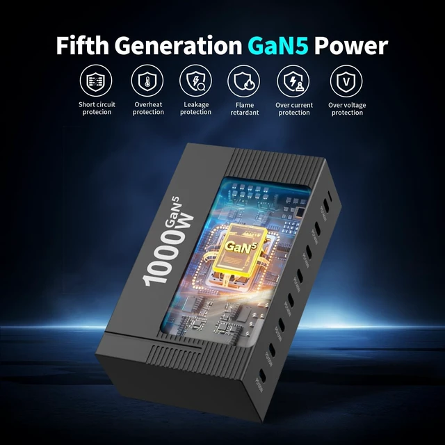 Alt view image 3 of 6 - 1000W 8-Port GaN5 Desktop Charging Station, High-Power USB Charging Hub with 5X 140W and 3X 100W PD Ports, Fast Charger for Laptops, Tablets, and Smartphones