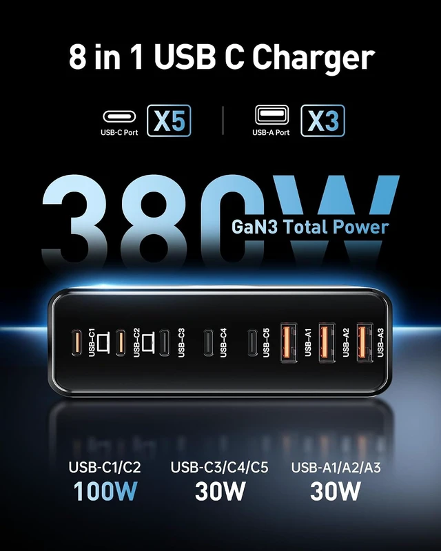 Alt view image 2 of 6 - 380W USB C Charger Block with 4 USB Cables Dual 100W Charging Station, 8-Port USB C Charging Station Laptop Charger Fast Type C Charging Block for MacBook Pro