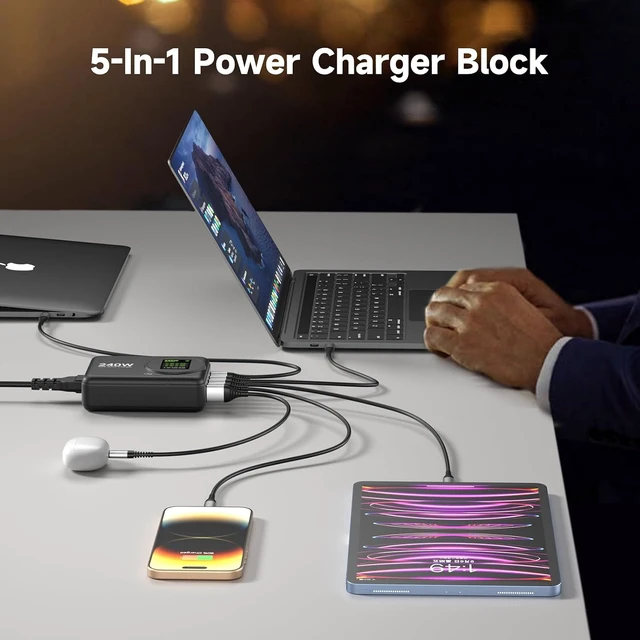 Alt view image 2 of 6 - 240W GaN Charger, 5-Port USB C Charger with 140W Max PD 3.1 Port, LED Display Desktop Charging Station Adapter for MacBook Pro/Air M3/M2/M1, Laptops, iPhone 17/16, Galaxy S24/S23, iPad, Steam Deck