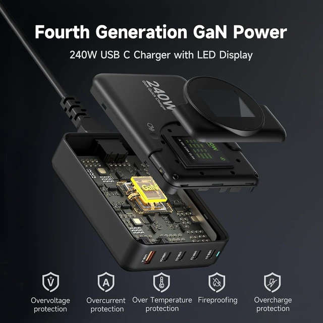 Alt view image 4 of 6 - 240W GaN Charger, 5-Port USB C Charger with 140W Max PD 3.1 Port, LED Display Desktop Charging Station Adapter for MacBook Pro/Air M3/M2/M1, Laptops, iPhone 17/16, Galaxy S24/S23, iPad, Steam Deck