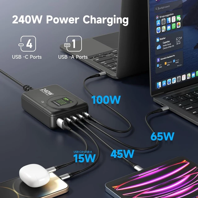 Alt view image 5 of 6 - 240W GaN Charger, 5-Port USB C Charger with 140W Max PD 3.1 Port, LED Display Desktop Charging Station Adapter for MacBook Pro/Air M3/M2/M1, Laptops, iPhone 17/16, Galaxy S24/S23, iPad, Steam Deck