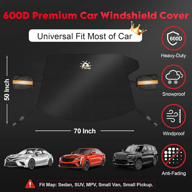Alt view image 3 of 7 - Car Windshield Cover for Ice and Snow - 600D Windshield Snow Cover with Side Mirror Cover Heavy Duty, Standard Winter Frost Hail Protector for Most Car, Truck, SUV, Van and MPV (70 x 50 Inch)