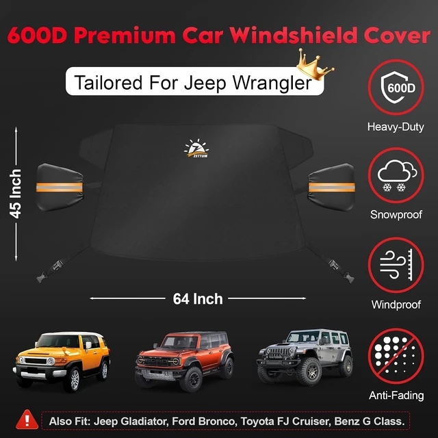 Alt view image 3 of 7 - Car Windshield Snow Cover for Jeep Wrangler - 600D Car Windshield Snow Ice Cover Front Window Covers for Jeep Wrangler, Jeeps Gladiator, Ford Bronco, Toyota FJ Cruiser, Benz G Class, and More