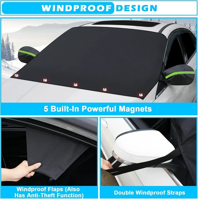Alt view image 3 of 6 - Windshield Cover for Ice and Snow, Heavy Duty 600D Oxford Fabric, Waterproof, Embedded Magnets, Side Mirror Protector, Fit Most Cars, SUVs, Vans, Truck