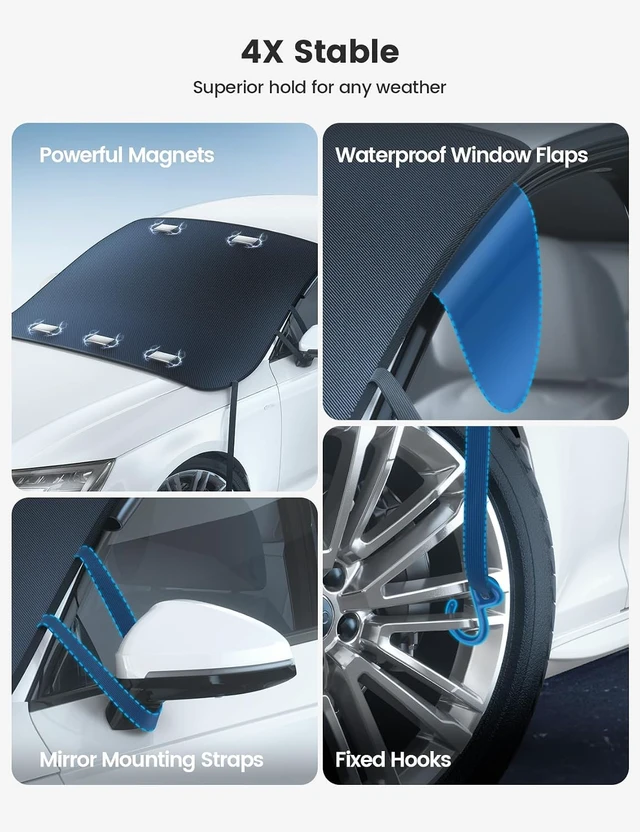 Alt view image 5 of 7 - Windshield Cover for Ice Snow, Magnetic 1S Snow Remove, Waterproof Magnetic Fit, 1S Snow Removal, Ultra Waterproof, Heavy Duty 800D Oxford Fabric, 4X Stable, SUV Winter Car Accessories Gifts