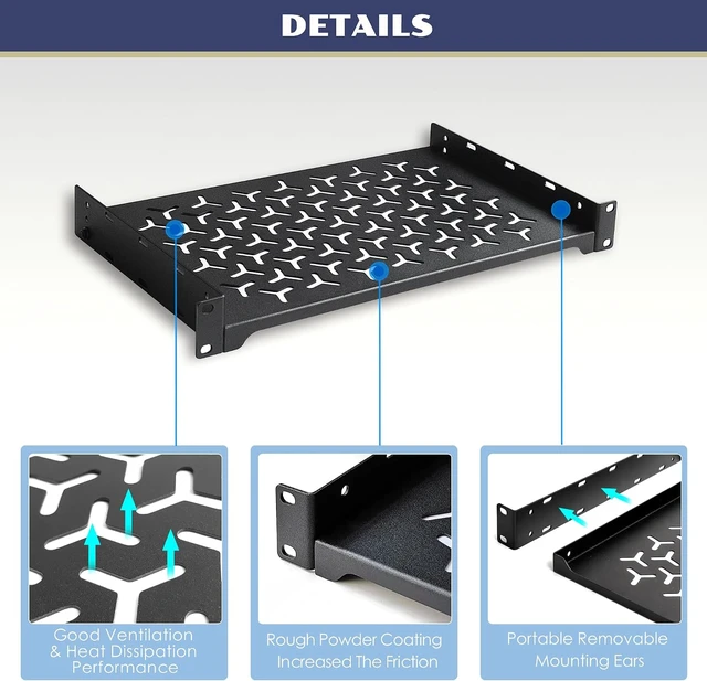 Alt view image 4 of 6 - 2 Pack 1U Server Rack Shelf, 19 Inch Universal Network Rack Mount Tray, 14 Inches Deep Vented Cantilever Shelf for AV/IT Equipment, Black
