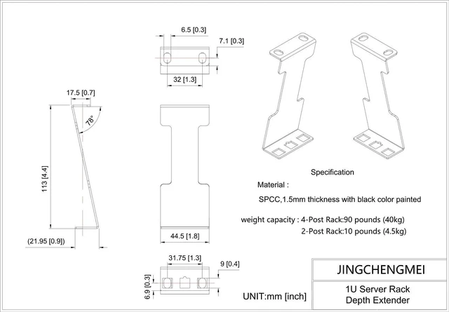 Alt view image 2 of 6 - 1U Server Rack Depth Extender - 4-Inch/10 cm Deep Recessed Rack Mount Adapter Kit for Network Rack
