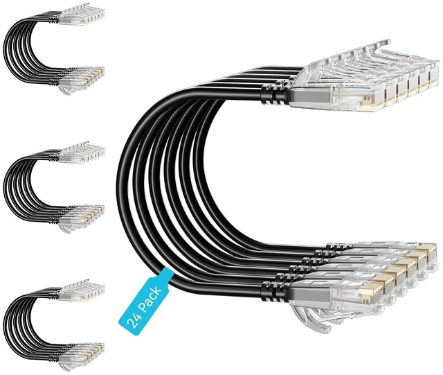 Main image of 24-Pack 1 Feet Cat6 Slim Patch Cables, Cat6a Patch Cables 10Gbps 550MHz High-Speed, Cat 6 Ethernet Cable Pure Copper UTP, Flexible & Thin Patch Cable Cat 6 for Network Cabling - Black