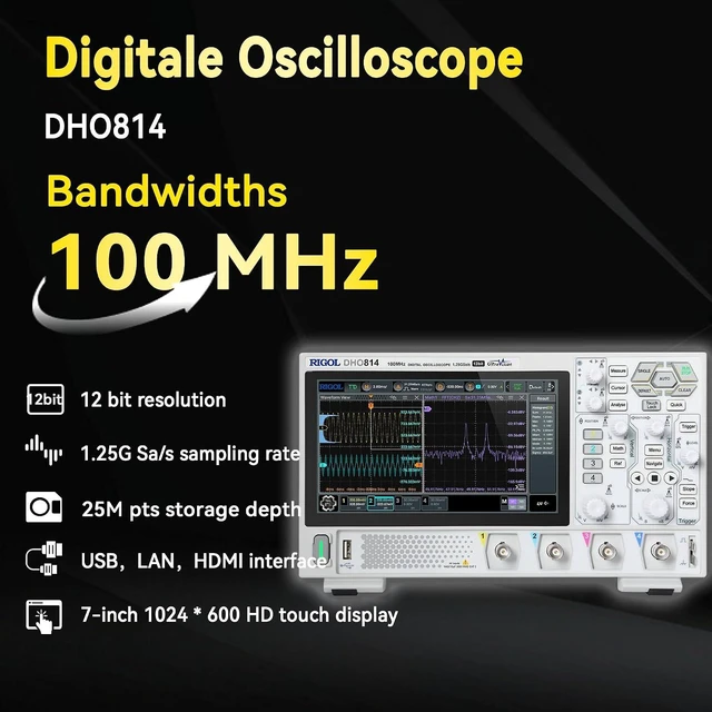 Alt view image 4 of 6 - RIGOL DHO814 Portable Digital Oscilloscope, 100MHz, 4CH, 12-Bit Resolution, 12-bit high resolution, ultra-low noise floor, 7" touch screen, Type-C power, compact portable design for lab & field