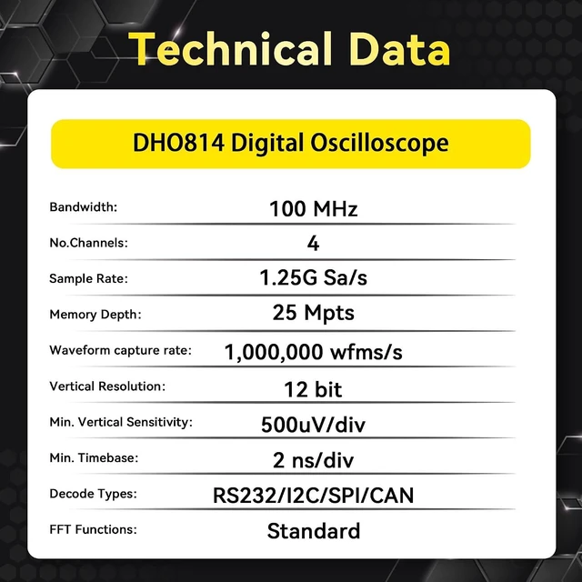 Alt view image 3 of 6 - RIGOL DHO814 Portable Digital Oscilloscope, 100MHz, 4CH, 12-Bit Resolution, 12-bit high resolution, ultra-low noise floor, 7" touch screen, Type-C power, compact portable design for lab & field