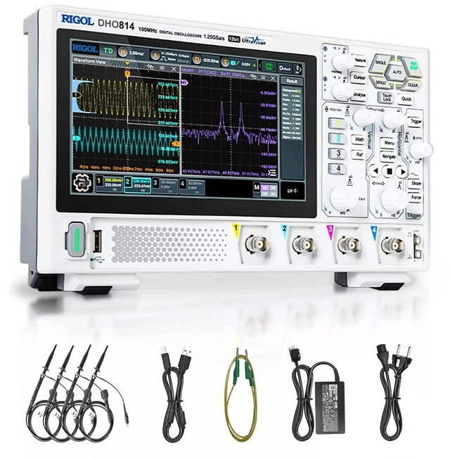 Main image of RIGOL DHO814 Portable Digital Oscilloscope, 100MHz, 4CH, 12-Bit Resolution, 12-bit high resolution, ultra-low noise floor, 7" touch screen, Type-C power, compact portable design for lab & field