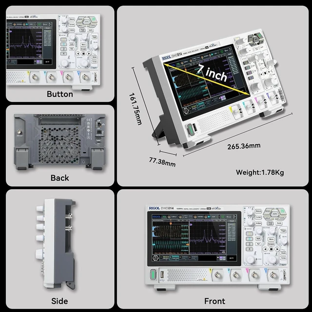 Alt view image 2 of 6 - RIGOL DHO814 Portable Digital Oscilloscope, 100MHz, 4CH, 12-Bit Resolution, 12-bit high resolution, ultra-low noise floor, 7" touch screen, Type-C power, compact portable design for lab & field