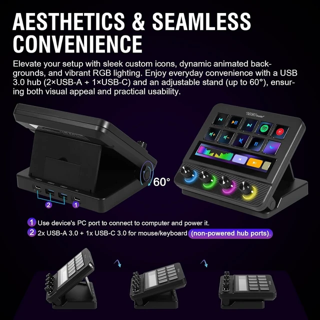 Alt view image 4 of 7 - Stream Controller Streaming Deck, Audio and Studio Controller, Programmable Macro Pad Keypad, MultiActions, Customizable LCD Keys, Knobs, Touch Bar, RGB Lights & Stand, Works with PC Mac