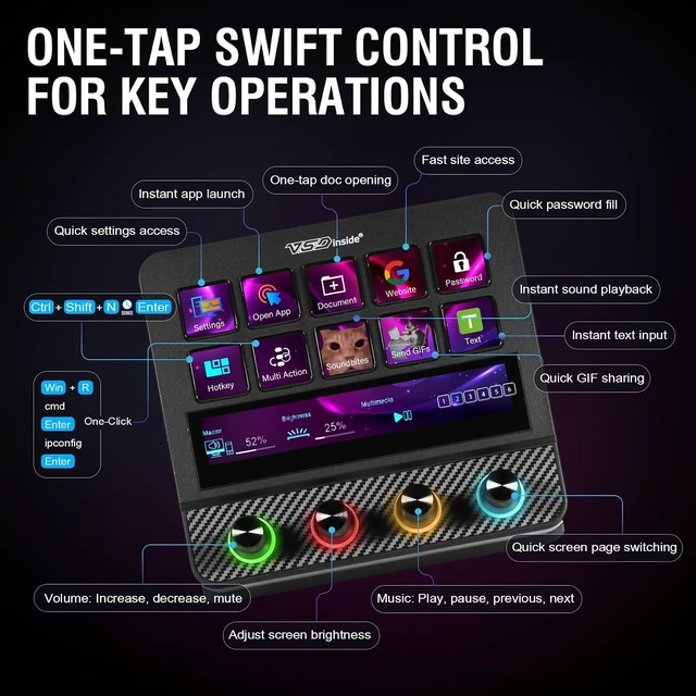 Alt view image 7 of 7 - Stream Controller Streaming Deck, Audio and Studio Controller, Programmable Macro Pad Keypad, MultiActions, Customizable LCD Keys, Knobs, Touch Bar, RGB Lights & Stand, Works with PC Mac