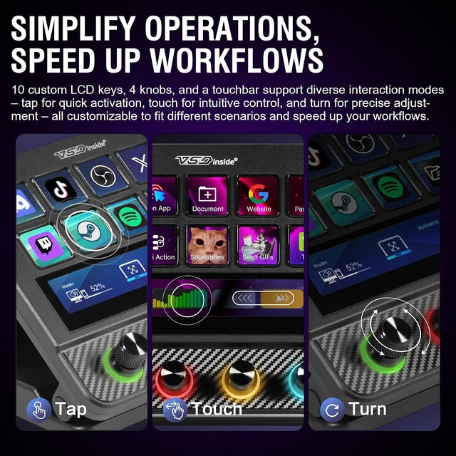 Alt view image 5 of 7 - Stream Controller Streaming Deck, Audio and Studio Controller, Programmable Macro Pad Keypad, MultiActions, Customizable LCD Keys, Knobs, Touch Bar, RGB Lights & Stand, Works with PC Mac