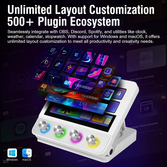 Alt view image 7 of 7 - Stream Controller Streaming Deck, Audio and Studio Controller, Programmable Macro Pad Keypad, MultiActions, Customizable LCD Keys, Knobs, Touch Bar, RGB Lights & Stand, Works with PC Mac