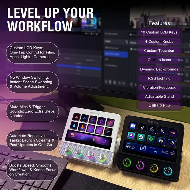 Alt view image 5 of 7 - Stream Controller Streaming Deck, Audio and Studio Controller, Programmable Macro Pad Keypad, MultiActions, Customizable LCD Keys, Knobs, Touch Bar, RGB Lights & Stand, Works with PC Mac