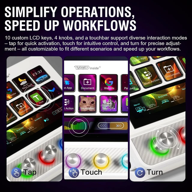 Alt view image 2 of 7 - Stream Controller Streaming Deck, Audio and Studio Controller, Programmable Macro Pad Keypad, MultiActions, Customizable LCD Keys, Knobs, Touch Bar, RGB Lights & Stand, Works with PC Mac