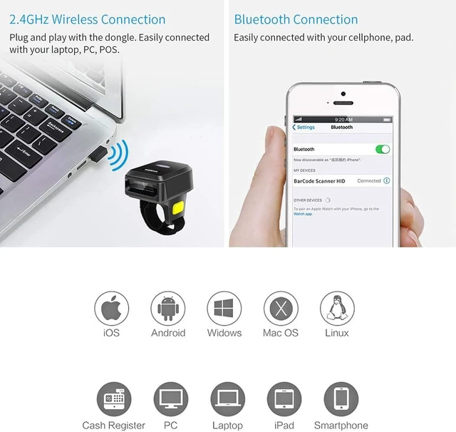 Alt view image 4 of 7 - Wireless Bluetooth Barcode Scanner with Bluetooth & 2.4GHz Wireless & Wired Connection, Portable Ring Wearable Finger 1D Mini Bar Code Reader Scanner