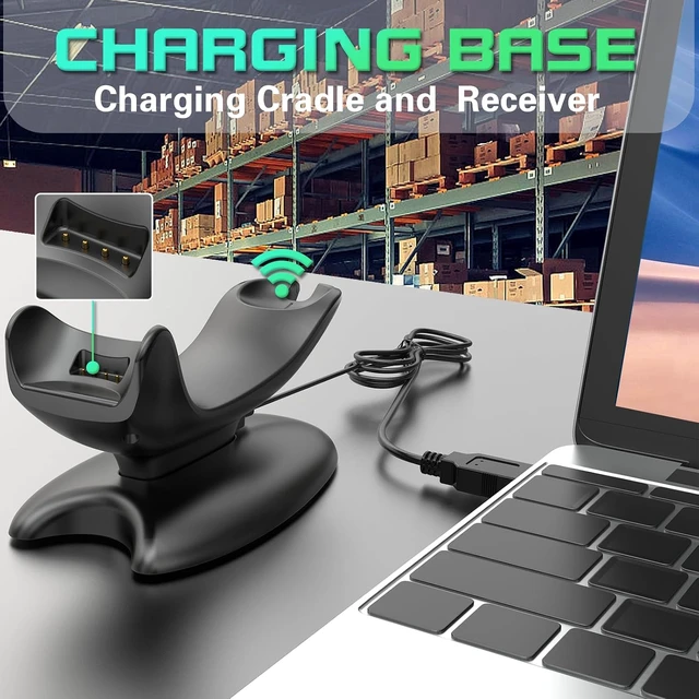 Alt view image 6 of 6 - Upgraded 2D Bluetooth Barcode Scanner with Wireless Charging Stand, 1968 Feet Transmission Distance 433Mhz Wireless & Bluetooth 2in1 Barcode Reader with Hands-Free Stand