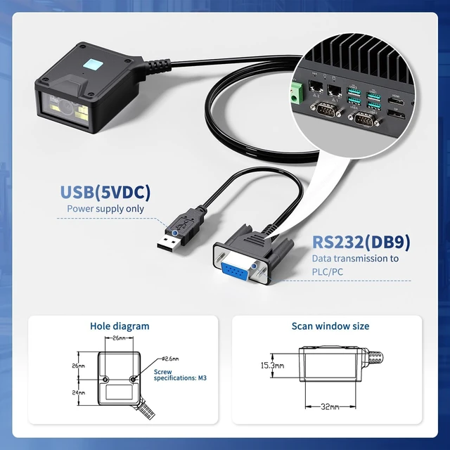 Alt view image 4 of 7 - 2D Fixed Mount Barcode Scanner Module RS232 DB9, Embedded QR Code Data Matrix Reader, Auto Induction Scan Engine for Kiosk, ATM, Vending Machine, Self-Service Terminal