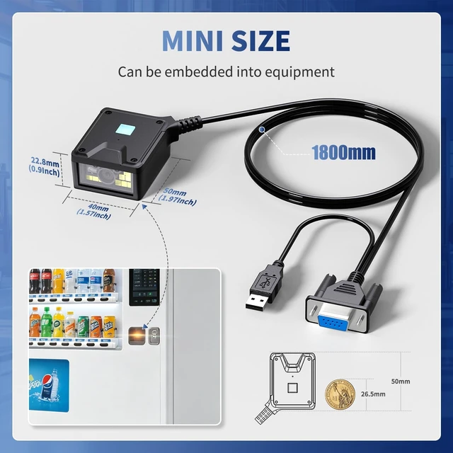 Alt view image 7 of 7 - 2D Fixed Mount Barcode Scanner Module RS232 DB9, Embedded QR Code Data Matrix Reader, Auto Induction Scan Engine for Kiosk, ATM, Vending Machine, Self-Service Terminal