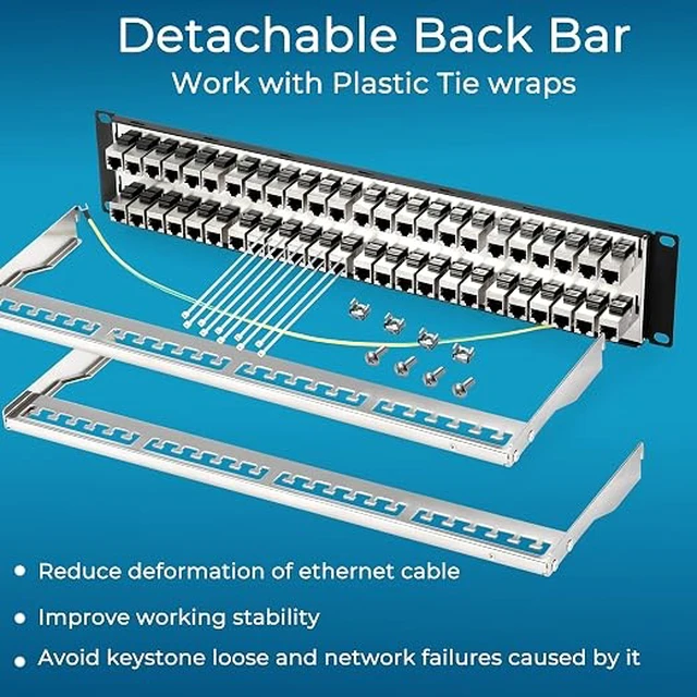 Alt view image 5 of 6 - Patch Panel 48 Port Cat6A with Inline Keystone 10G Support, Coupler Patch Panel STP Shielded 19-Inch with Removable Back Bar, 1U Network Panel for Cat7, Cat6, Cat6A, Cat5e