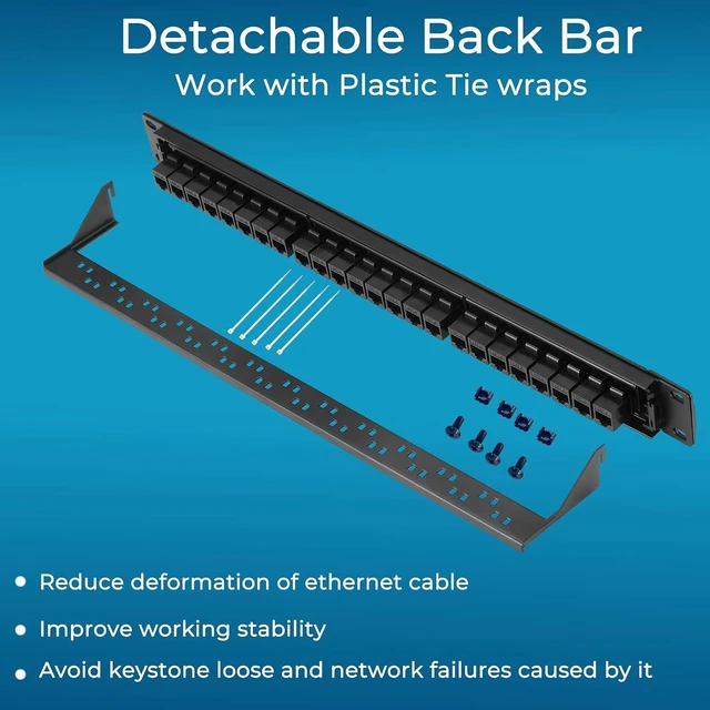 Alt view image 4 of 7 - Patch Panel 24 Port Cat6 with Inline Keystone 10G Support, Pass-Thru Coupler Patch Panel UTP 19-Inch with Removable Back Bar, 1U Network Panel for Cat6, Cat5e, Cat5 Cabling