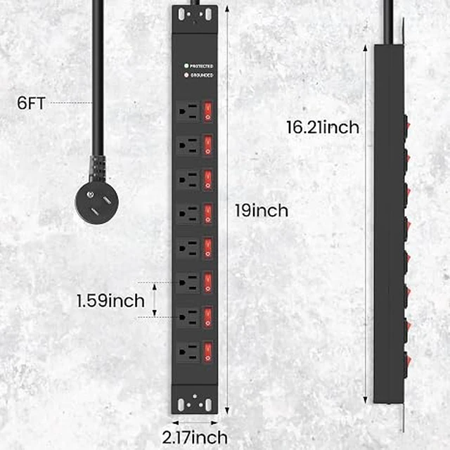 Alt view image 2 of 6 - Rack Mount PDU Power Strips,8 Outlet Surge Protector,Individual Switches,1.5U Rackmount Server Racks,14AWG Heavy Duty Extension Cord,2700J,15A 125V 1875W (Standard Power Cord, 6 FT Cable)