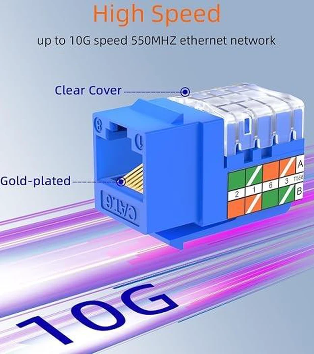 Alt view image 3 of 6 - RJ45 Keystone Jack Cat6 10G Support, Cat6 Keystone Jacks UTP 50 Pack for Wall Plate and Patch Panel, Rj45 Keystone 90 Degree Blue Color for Cat 6, Cat5e, Cat5 Cabling