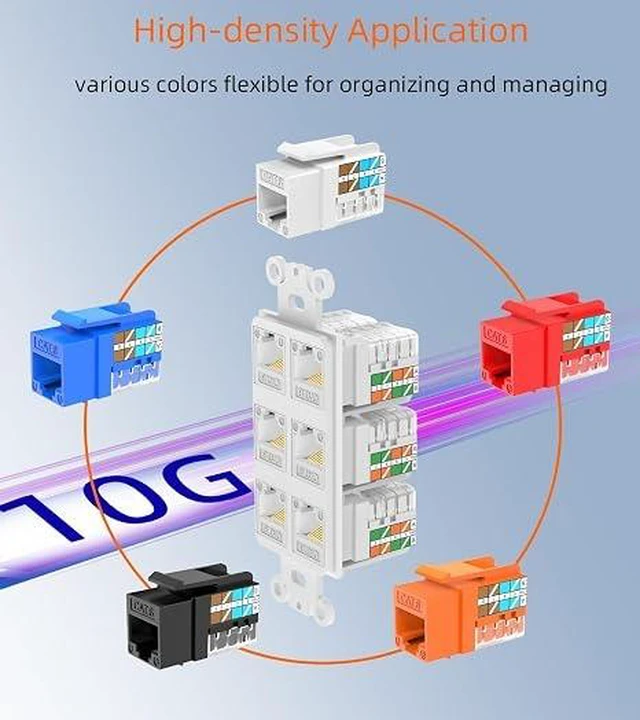 Alt view image 2 of 6 - RJ45 Keystone Jack Cat6 10G Support, Cat6 Keystone Jacks UTP 50 Pack for Wall Plate and Patch Panel, Rj45 Keystone 90 Degree Blue Color for Cat 6, Cat5e, Cat5 Cabling