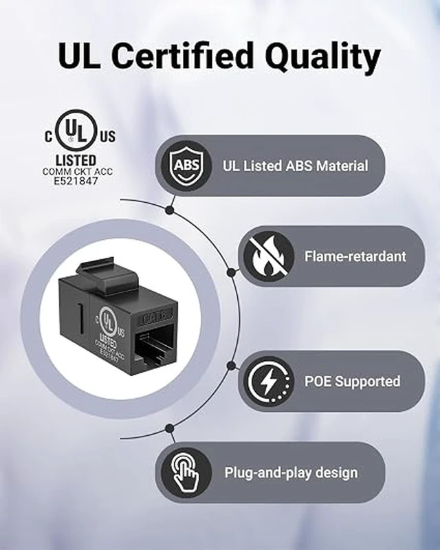 Alt view image 5 of 7 - UL Listed CAT6 Keystone Coupler PoE, Black, 25-Pack
UL Listed |10Gbps High Speed | PoE Support|Female to Female | CAT6/CAT5E/CAT5|Ethernet Cable Extender