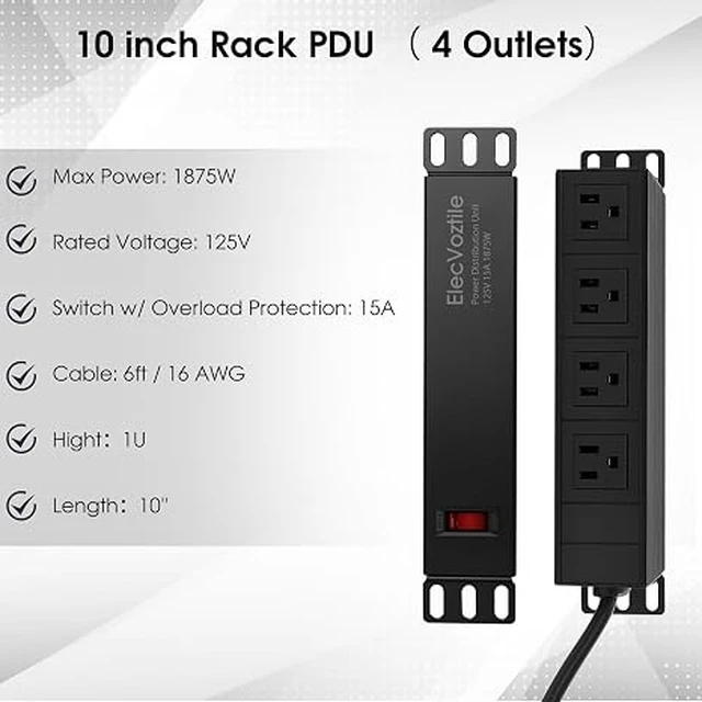 Alt view image 5 of 5 - 10 inch Rack PDU, 4 Rear Outlets, 15A, 125V, 1875W
15A Overload Switch, 1U RackMount, 6ft Power Cable