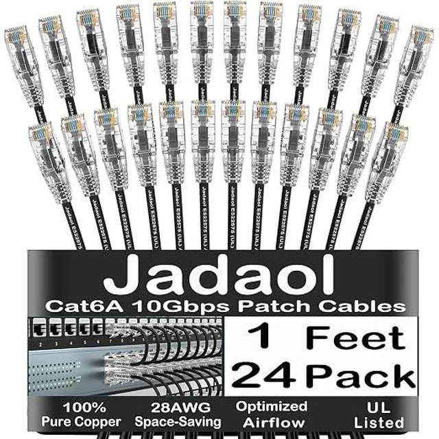 Main image of [UL Listed Cat6A Patch Cables 1FT (24Pack) 10Gbps 550MHz Black
Pure Copper, Gold-Plated, Snagless Cat6A Slim Round Network LAN Patch Cable for Patch Panel, Switch, Router, Modem, Server