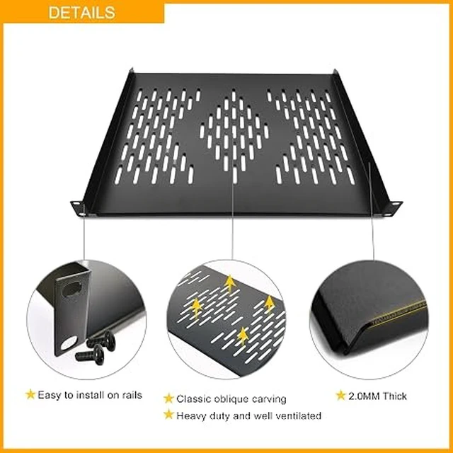 Alt view image 4 of 5 - 2 Pieces 1U Rack Shelves 19 Tray Cabinet Mount Vented Cantilevers for Network Equipment Shelf Mounting, 14 Inches 35CM Depth, Black 2PCS