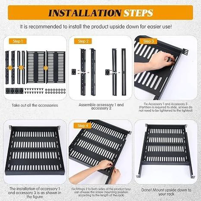 Alt view image 3 of 7 - 1U Server Rack Shelf, 4-Post Adjustable Ventilated Rack Mount Tray, 19 Inch Universal Shelf with 19.5-36" Adjustable Depth for Network Equipment Server Cabinet, Black
