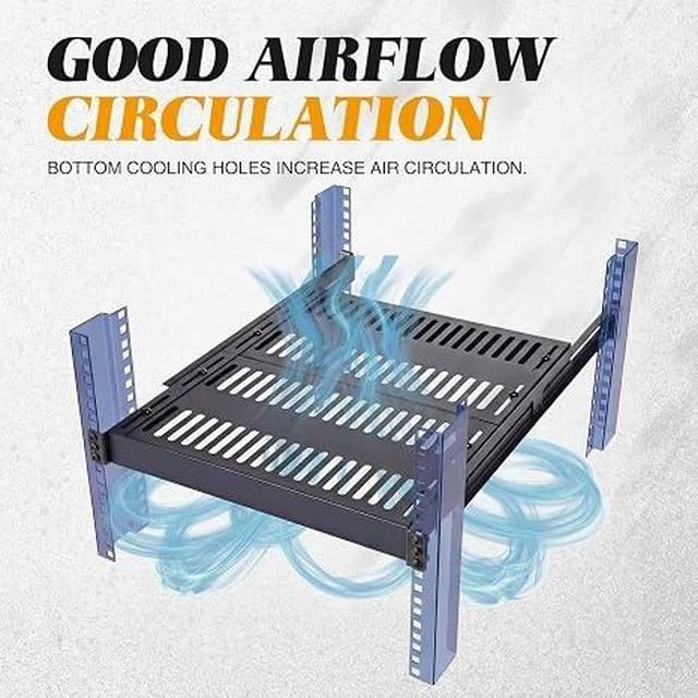 Alt view image 5 of 7 - 1U Server Rack Shelf, 4-Post Adjustable Ventilated Rack Mount Tray, 19 Inch Universal Shelf with 19.5-36" Adjustable Depth for Network Equipment Server Cabinet, Black