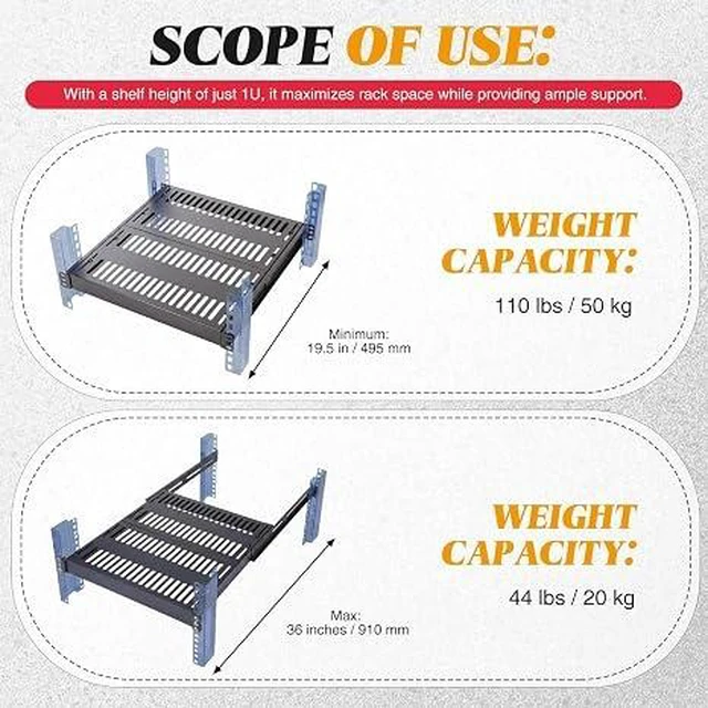 Alt view image 6 of 7 - 1U Server Rack Shelf, 4-Post Adjustable Ventilated Rack Mount Tray, 19 Inch Universal Shelf with 19.5-36" Adjustable Depth for Network Equipment Server Cabinet, Black