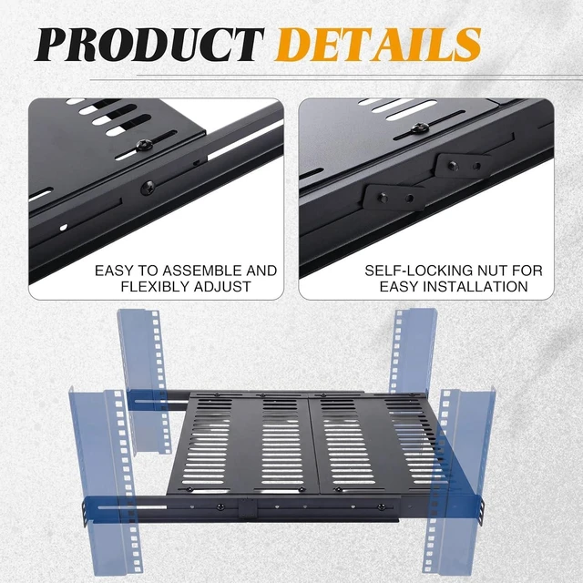 Alt view image 4 of 7 - 1U Server Rack Shelf, 4-Post Adjustable Ventilated Rack Mount Tray, 19 Inch Universal Shelf with 19.5-36" Adjustable Depth for Network Equipment Server Cabinet, Black