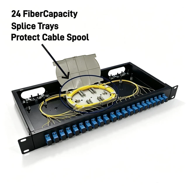 Alt view image 7 of 7 - 24 Port SC Rack Mount Enclosure Box + Splice Trays Fiber Cables Spool SingleMode SC-UPC Kit (Include 1M 24Strand Pigtail+24 Core LGX Loaded Patch Panel - Fits 19" Racks Cabinet