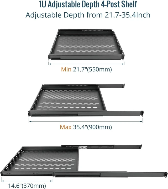 Alt view image 4 of 4 - 1U Sliding Rack Shelf,4-Post Vented Rack Mount Shelf,21.7in Deep with Adjustable Mounting Depth 21.7-35.4in,Supports to 110lbs,for 19 Inch AV/Network Equipment Rack,Unassembled,Black
