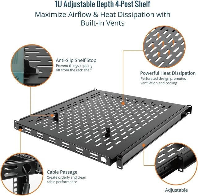 Alt view image 3 of 4 - 1U Sliding Rack Shelf,4-Post Vented Rack Mount Shelf,21.7in Deep with Adjustable Mounting Depth 21.7-35.4in,Supports to 110lbs,for 19 Inch AV/Network Equipment Rack,Unassembled,Black