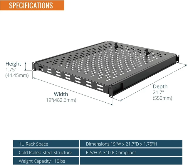 Alt view image 2 of 4 - 1U Sliding Rack Shelf,4-Post Vented Rack Mount Shelf,21.7in Deep with Adjustable Mounting Depth 21.7-35.4in,Supports to 110lbs,for 19 Inch AV/Network Equipment Rack,Unassembled,Black